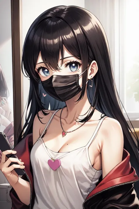 1girl, solo, black hair, phone, mouth mask, long hair, mask, holding, necklace, holding phone, jacket, off shoulder, jewelry, black jacket, blue eyes, looking at viewer, bare shoulders, open clothes, breasts, cellphone, open jacket, upper body, smartphone, long sleeves, shirt, sleeveless, sleeveless shirt, small breasts, white shirt, bangs, selfie, mole, hand up, camisole, mole under eye, mirror, collarbone, indoors, cleavage, spaghetti strap, armpit crease, bathroom, sink, tank top, heart, earrings, sidelocks, reflection, covered mouth, medium breasts, surgical mask, pendant