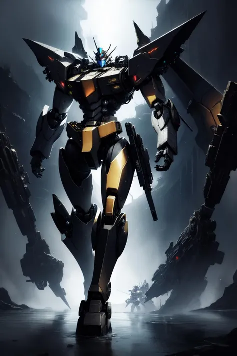 masterpiece, best quality, 8k, fantasy, robot giant, mecha style, black gold, ultra detailed, ambient light, volumetric lighting, (dark night:1.4) galaxy, reflection of light, reflective lighting, sharp focus, battle pose, legendary armor, megastructure, engine, mechanical (intricated detail:0.7), full body shot,