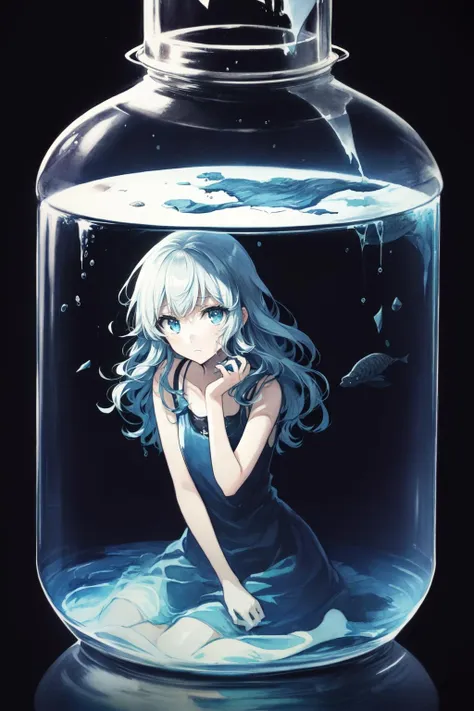 [(black background:1.5),::5] (Bottle bottom:0.9), isometric,
(illustration), (watercolor:1.05), (((an extremely delicate and beautiful))),(water:1.3)
//
(Deep-sea phobia:1.5),(Deep-sea:1.5),The drowning girl is slowly sinking,Underwater,Drowning, on water,Underwater, Panorama, wide angle,girl,solo,desperate and crazy expression,frown,expressionless,dark_persona,Despair, fear, darkness, claustrophobia, underwater world, deep sea,
//
(broken glass jar:1.15), (girl in jar:1.35):(girl)
(The girl was soaked in (a whole transparent glass incubator)),