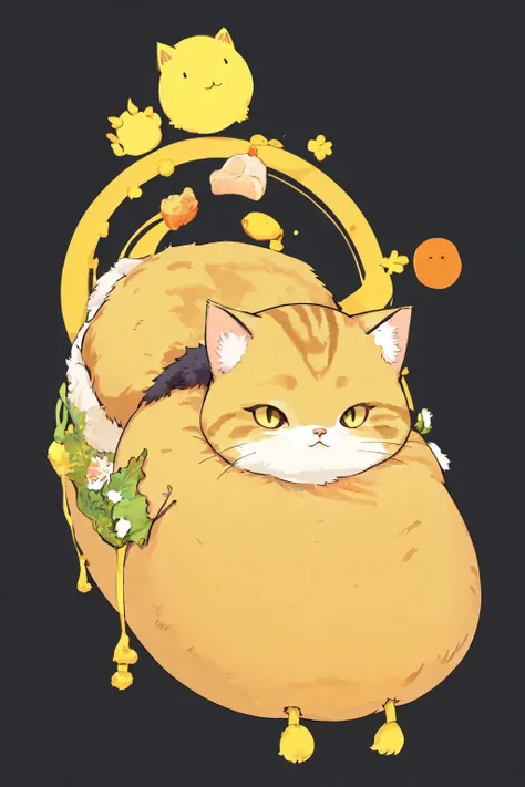 no humans, :3, artist name, simple background, animal focus, animal, solid circle eyes, lying, food, solo, black eyes, on stomach, yellow background, closed mouth, fluffy, twitter username, shadow, looking at viewer, cat