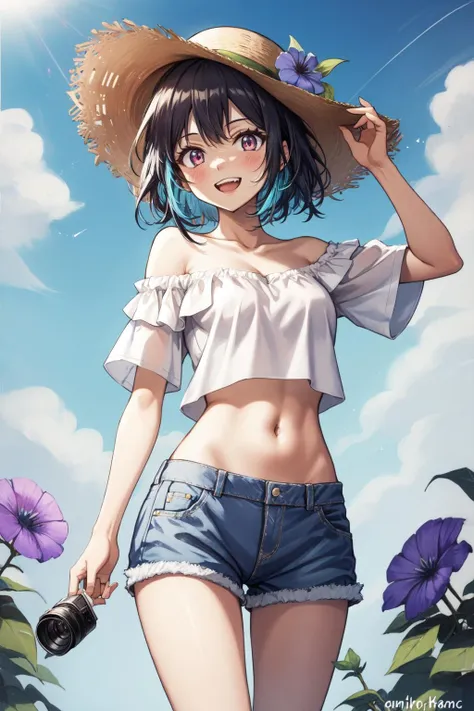 1girl, blue flower, solo, hat, smile, flower, breasts, holding, holding camera, black hair, camera, shirt, white headwear, white shirt, pants, looking at viewer, purple eyes, navel, off shoulder, cleavage, outdoors, cloud, bare shoulders, denim, sky, sun hat, midriff, day, collarbone, off-shoulder shirt, morning glory, short hair, hand on headwear, contrail, cowboy shot, bangs, blue sky, short sleeves, jeans, medium breasts, grin, airplane, aircraft, standing, twitter username, blue pants, blush, :d, stomach, crop top, groin, hand up, open mouth, parted bangs, arm up, cloudy sky, medium hair, strapless, bob cut, frilled shirt, teeth, adjusting clothes, leaf, small breasts, plant, shorts, frills, head tilt, multicolored eyes, artist name, adjusting headwear