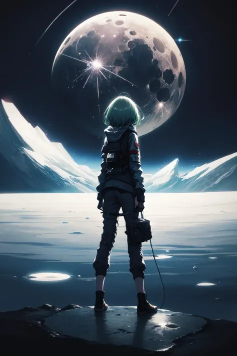 masterpiece,best quality,depth of field,full body,1girl,solo,(very wide shot:1.6),(from behind:1.2),spacesuit,cargo pants
,moon,earth,satellite,reflection,futuristic sci-fi style, fantasy style,
(1girl) was wearing a spacesuit, standing on the (moon), feeling the low gravity and (silence). In front of her was a (gray-white soil) and (craters), behind her was a huge black (satellite). She turned around and saw the distant (earth), that blue-green (planet), sparkling with clouds and light. She wondered if people on earth could see her, if they knew she was here. She felt both lonely and free, both insignificant and great.