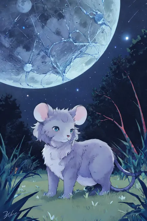 no humans, night, signature, outdoors, solo, tree, moon, animal, night sky, animal focus, mouse, full body, grass, sky, blush