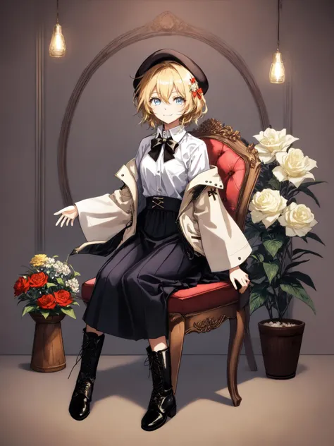 masterpiece, best quality,flower, sitting, solo, blonde hair, 1girl, blue eyes, holding, boots, hat, black footwear, headwear removed, orange flower, looking at viewer, bangs, short hair, hair between eyes, red flower, hat removed, chair, open clothes, shirt, plant, pink flower, white jacket, jacket, food, fruit, full body, yellow flower, bow, white shirt, leaf, long sleeves, smile, bowtie, collared shirt, cross-laced footwear, closed mouth, wooden chair, blue flower, black background, lace-up boots, wide sleeves, basket, open jacket, white flower, purple flower, black bow, bowl