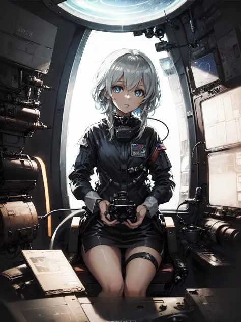 (((best quality))), ((masterpiece)),((ultra-detailed)), (illustration), (detailed light), (an extremely delicate and beautiful),space art,(((((a beautiful girl))))),(((solo))),(((cowboy shot))),close to viewer,((beautiful detailed Space Station Interior)),console,control cabin,porthole,control panel,(Cabin space suit),(Sitting on chair),(beautiful eyes),short white hair