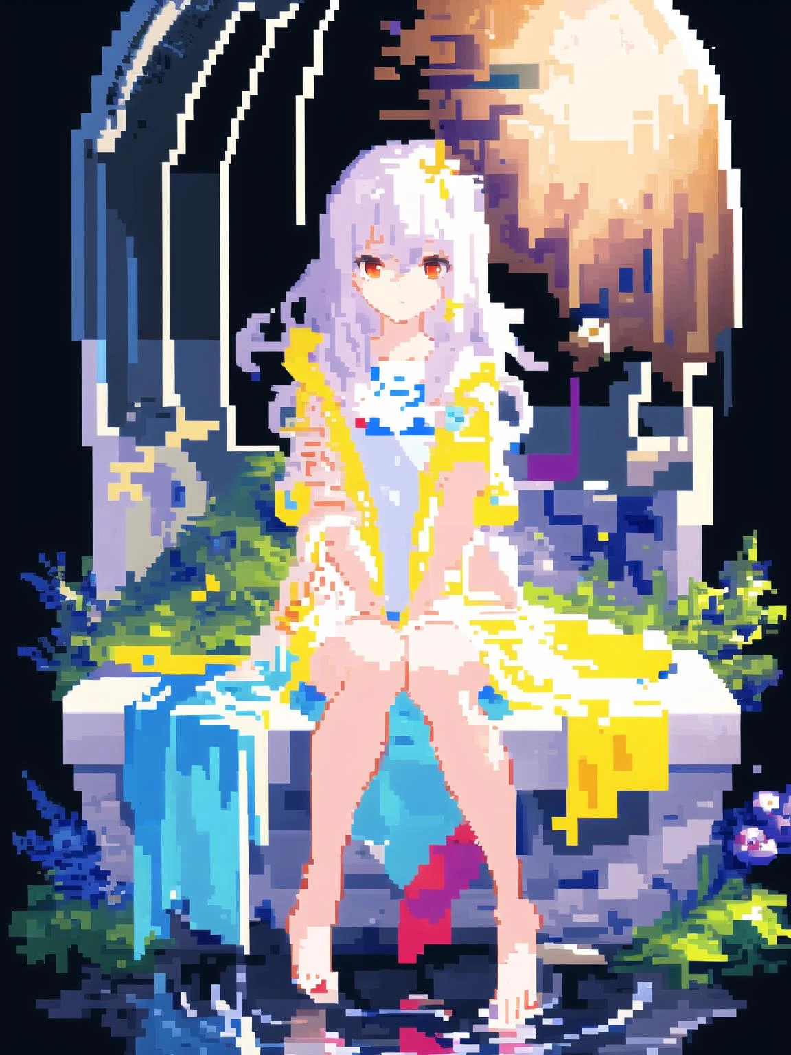 (masterpiece_1.2, best quality),ð,
//,
(((masterpiece))),((pixel art)),((1girl)),(((wearing Transparent plastic raincoat))),flat chest,((the girl is in the glass sphere)),birdcage,white hair,long hair,water hair,floating hair,delicate reflective hair,red eyes,delicate reflective star eyes,sitting on the ground,flower background,