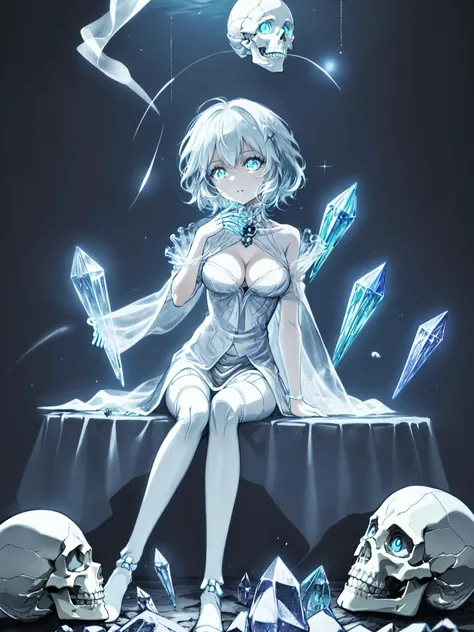 (((transparent ghost girl's soul comes out of the body))), focus on the face, ((rich in details, sitting gracefully on the crystal skull pile, looking down)), magazine cover, (rich in details), masterpiece, Gothic, (crystal skull decoration, crystal skull pattern), (horrible atmosphere), long eyelashes, large eyes, fine eyes, cyan transparent lips, ((beautiful and delicate face)), shadow, Tindal effect, (Balance and coordination between all things), ((sickly, cruel, evil, lovely)), (glowing blue eyes, particle effects), (delicate crystal skeleton human body, hand bone of crystal skeleton, leg bone of crystal skeleton), bony beauty, ribbon binding, (delicate crystal bone), absurdity, blue flame, plasma, particle effects, crystal clear texture,star_\(sky\), space, 1girl, starry_sky, breasts, planet, blue_eyes, galaxy, solo, short_hair, cleavage, earth_\(planet\),illumination,light,dynamic angle,depth of field,light and shadow,Real light and shadow,diffuse reflection,