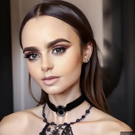 Portrait of a ((stunning)) woman <lora:licollins1-10:1> , wearing a tight black choker, perfect face, realistic, 4K, (masterpiece), caucasian, high quality, smooth skin, ethereal,highly detailed face, delicate face