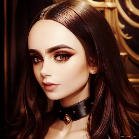 Portrait of a ((stunning)) woman <lora:licollins1-10:1> , wearing a tight black choker, perfect face, realistic, 4K, (masterpiece), caucasian, high quality, smooth skin, ethereal,highly detailed face