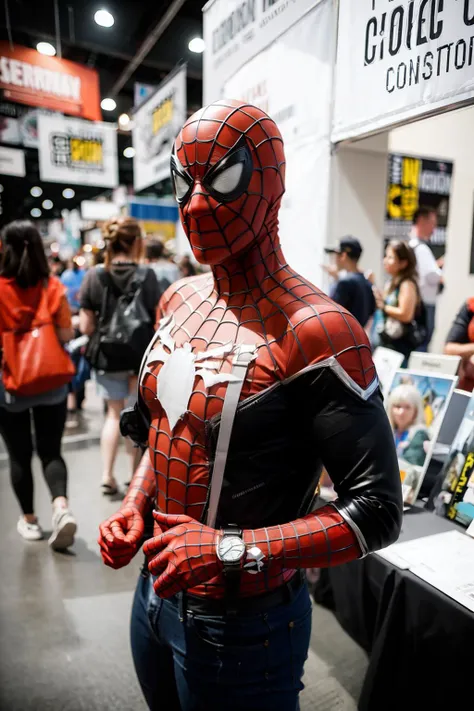 masterpiece, best quality,<lora:cc-000010:0.8>,crowd,cosplay,comic con,spider-man,