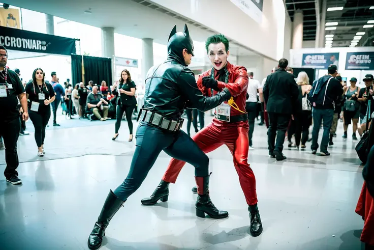 masterpiece, best quality, indoors,<lora:cc-000010:0.8>,comic con,cosplay,(2boys:1.2),looking at another,fighting stance,batman and joker \(dc\),