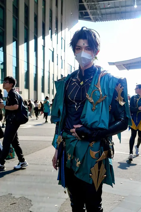 masterpiece, best quality, outdoors, <lora:cp29:1>,crowd,1boy,face mask,,cosplay