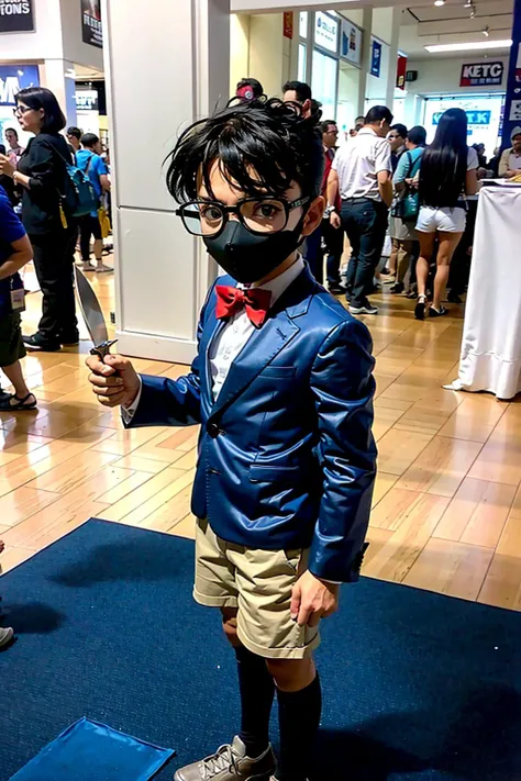 masterpiece, best quality, <lora:cc-f:1>,pov,crowd,cosplay,comic con,1boy,face mask,glasses,knife,holding knife,blue suit,red bow,black shorts