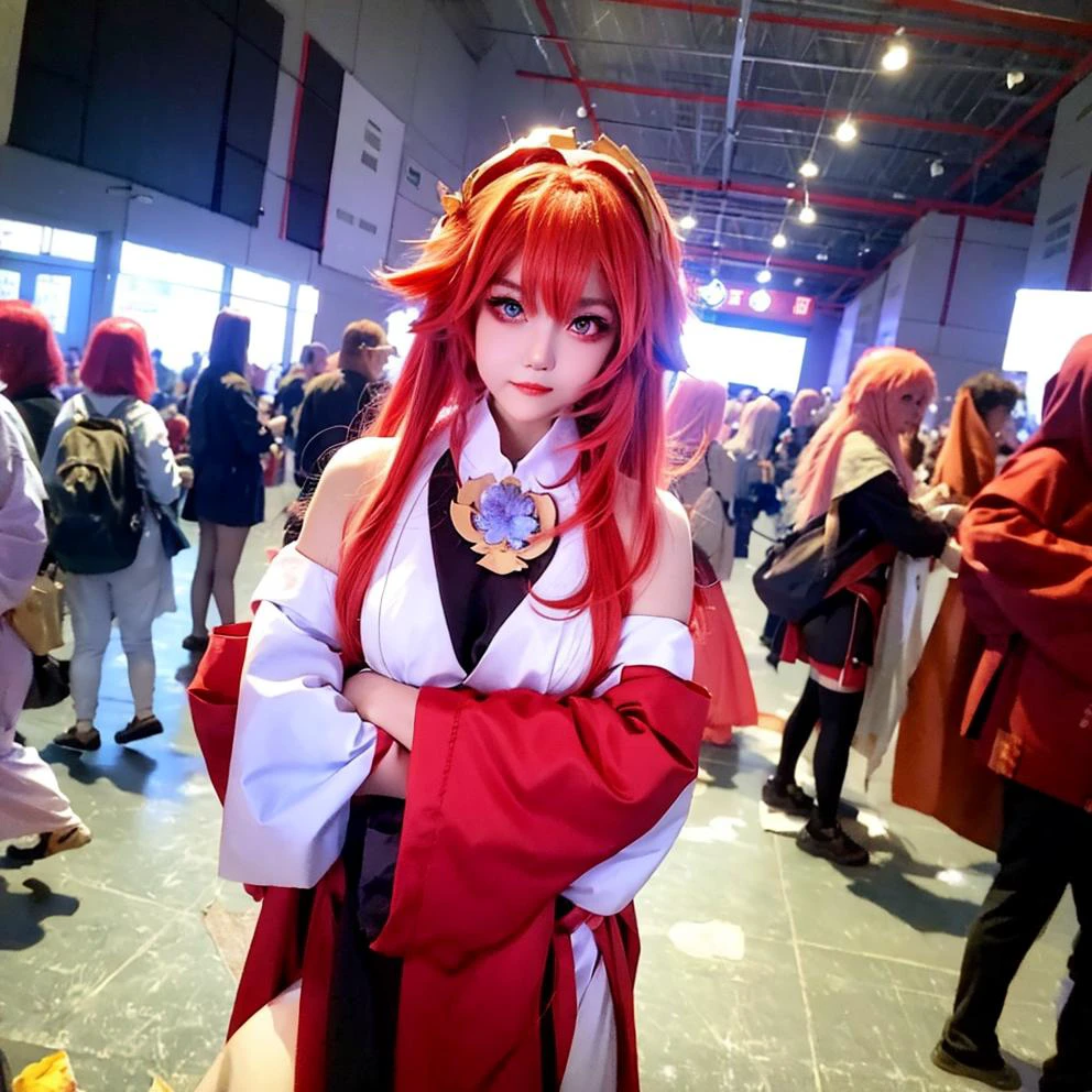 memgirl, <lora:de:0.8>, masterpiece, best quality,indoors,1girl,cosplay,(crowd), photo background, <lora:yaeMikoRealistic_yaemikoMixed:0.8>