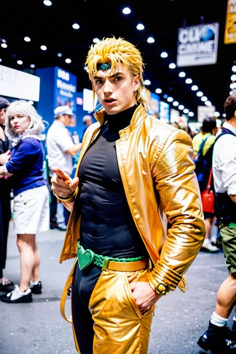 masterpiece, best quality,<lora:cc-f:1>,crowd,(comic con:1),1boy,dio brando, hair ornament, jojo pose