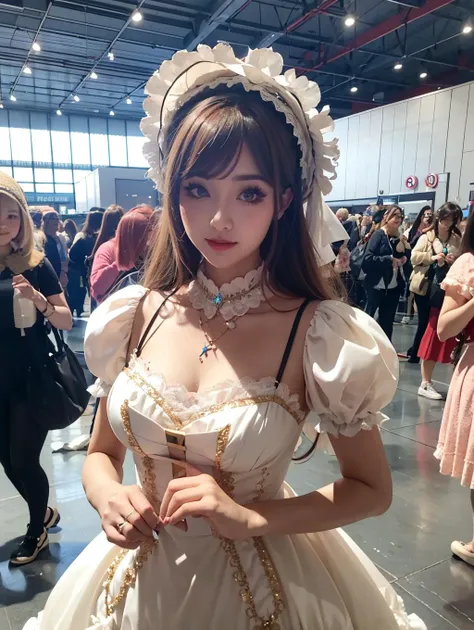 pov,natural lighting,1girl, makeup, solo,mix4,
lolita_dress,standing ,bonnet,
<lora:cuteGirlMix4_v10:0.1>, crowd, cosplay, <lora:Comicon:0.7>