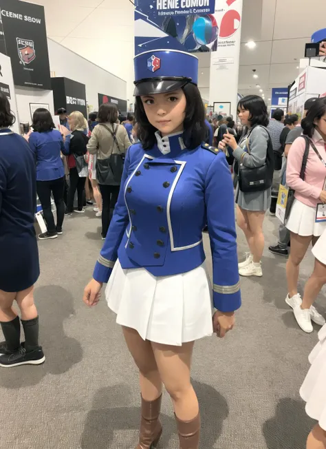 <lora:andou-10:0.8> 1Girl , Solo , Andou , black hair , brown eyes , messy hair , Bc freedom Military Uniform , blue headwear , white skirt , brown boots , crowd,cosplay,comic con , adult , <lora:cc-000010:0.6>