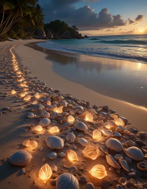 enchanted beach with glowing shells, (wide angle view:1.2), beautiful composition, super sharp, crisp, clear, true to life, raw, real, realistic, extremely high-resolution details, realism pushed to extreme, fine texture, incredibly life like, hyperrealistic detailed image, infinite focus, clear and detailed throughout