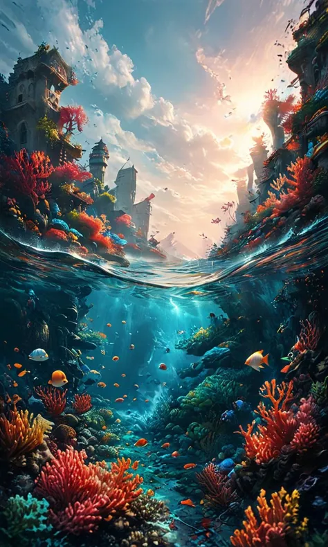 A vibrant underwater city built among colorful coral reefs, with fish swimming through the streets, masterpiece, fantasy, digital art, highly detailed, overall detail, atmospheric lighting, Awash in a haze of light leaks reminiscent of film photography, awesome background, highly detailed styling, studio photo, intricate details, highly detailed, cinematic, <lora:MJ52:0.6>, <lora:fog_creatures_v4:0.5> msfg, fog, smoke, <lora:tbh160-sdxl:0.5> style of Dan Mumford, <lora:zavy-ndrwtr-sdxl:1> zavy-ndrwtr, split frame, underwater, crashing wave, water edge
