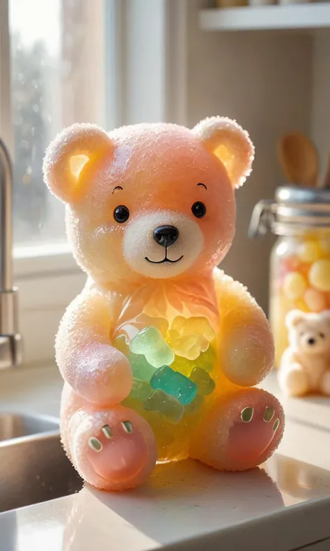 shining jelly bear on a cozy kitchen, natural light, pastel colors, hyperdetailed photography, soft light, cover