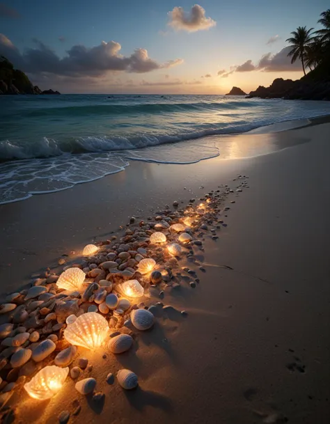 enchanted beach with glowing shells, (wide angle view:1.2), beautiful composition, super sharp, crisp, clear, true to life, raw, real, realistic, extremely high-resolution details, realism pushed to extreme, fine texture, incredibly life like, hyperrealistic detailed image, infinite focus, clear and detailed throughout