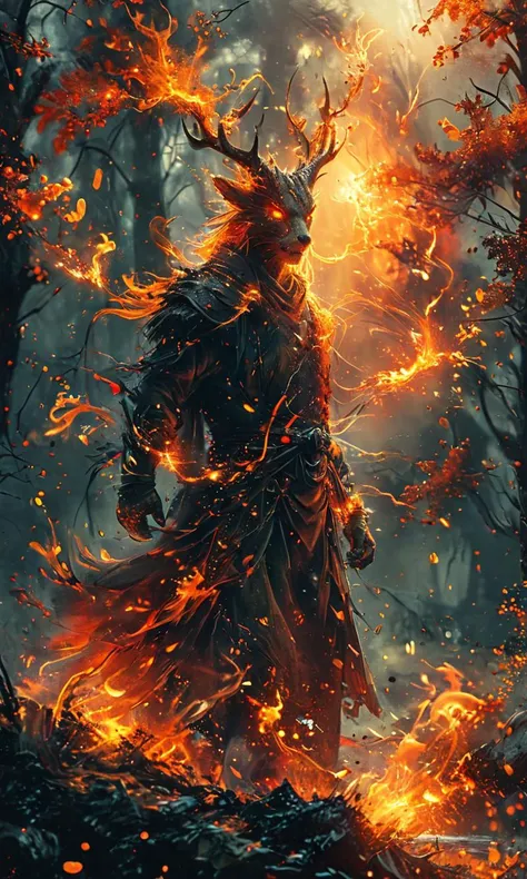 A forest engulfed in flames, with fire elementals dancing among the burning trees, masterpiece, fantasy, digital art, highly detailed, overall detail, atmospheric lighting, Awash in a haze of light leaks reminiscent of film photography, awesome background, highly detailed styling, studio photo, intricate details, highly detailed, cinematic, <lora:MJ52:0.6>, , <lora:glowneon_xl_v1:0.5> glowneon, glowing, sparks, lightning, <lora:tbh160-sdxl:0.3> style of Dan Mumford, <lora:MO-80-2:0.5> ananmo