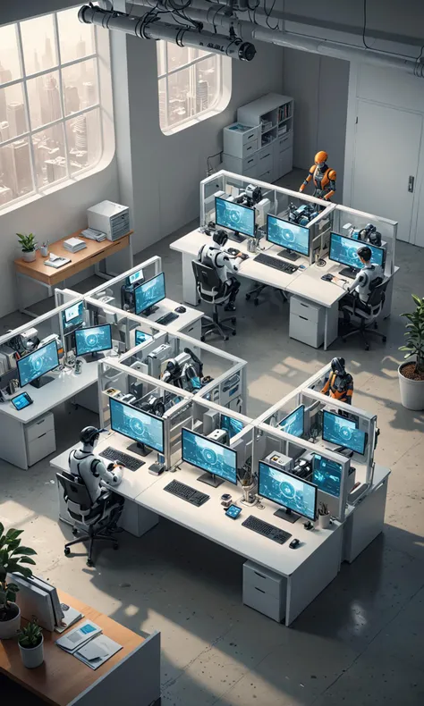 an illustration showcasing a futuristic workspace where smart next-gen workers (robots or AI) seamlessly collaborate with human employees, isometric, natural light, hyperdetailed photography, soft light, cover, masterpiece,