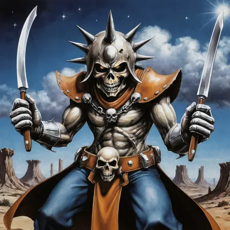 William McTaggart Style, 
full color illustration of monster-demon, (extremely bright:1.1), dynamic composition, (close up:1.3), upper body, wearing a helmet with spikes, holding (huge razor:1.5) in left fist, the right hand holds a string bag, an overcoat, an eye patch, a belt with a skull, a desert background, skulls on pedestals, Nazareth album cover 1978, (nuclear explosion from Ozzy Osbourne album cover 1986:1.3), cloudy sky in dark mood
black and orange ink flow, intricately detailed, complex, elegant, expansive, by Michael Eastman, by William McTaggart
hmvi style, <lora:hmvi:0.5> <lora:William McTaggart Style:0.7>