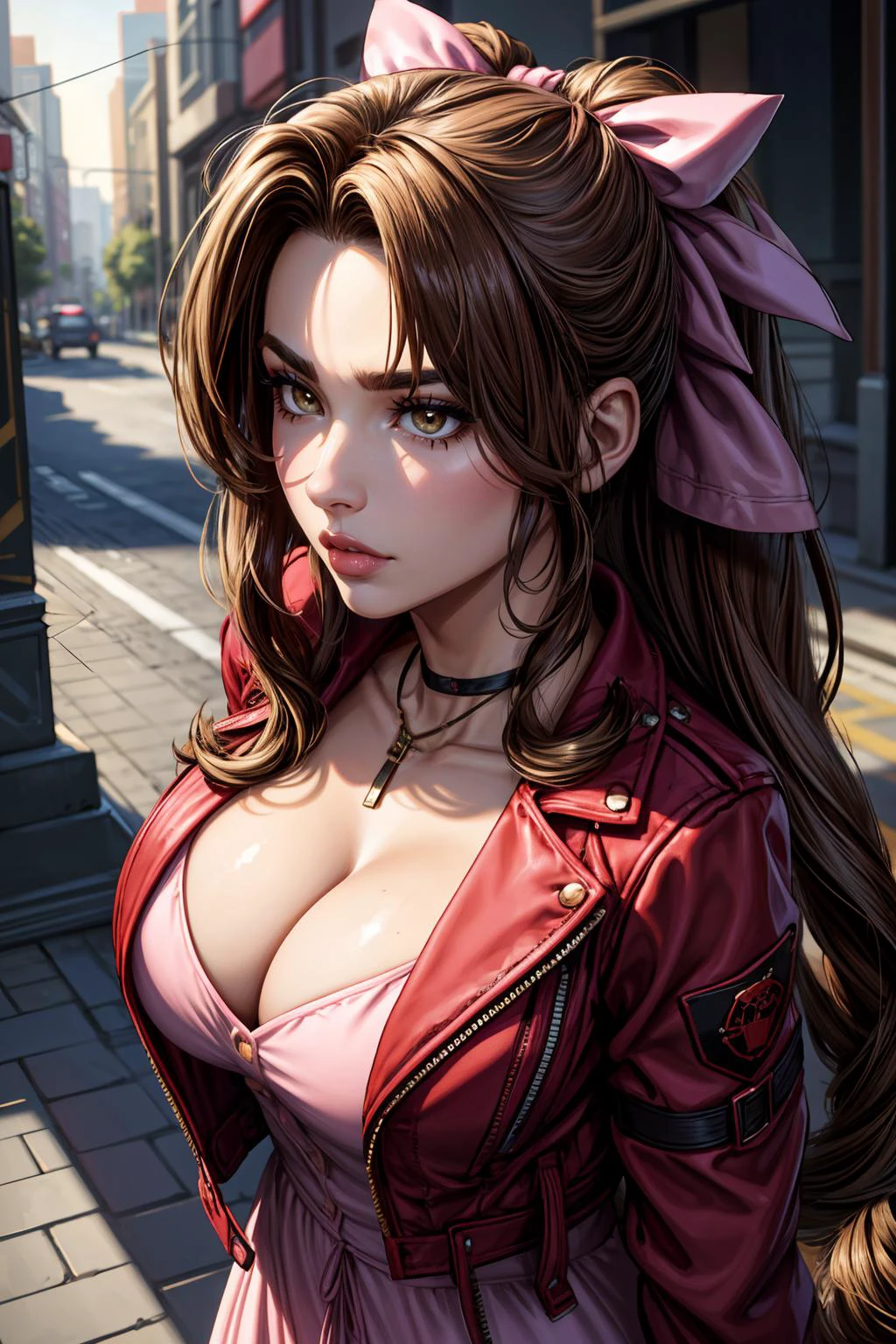 (masterpiece, 8k, 4k, extremely detailed, dynamic shading, best quality, absurdres:1.4) 1girl, nice hands, perfect hands, milf, sexy, (huge tits:1.1) <lora:more_details:0.8> <lora:aerith-nvwls-v1:0.8>choker, (cropped red jacket over pink dress:1.3), hair bow, bracelet, pink dress, brown boots, huge tits, cleavage, breasts squeezed together, aerith gainsborough, (close-up facial portrait bust:1.4), from above, futuristic city street, holding flowers