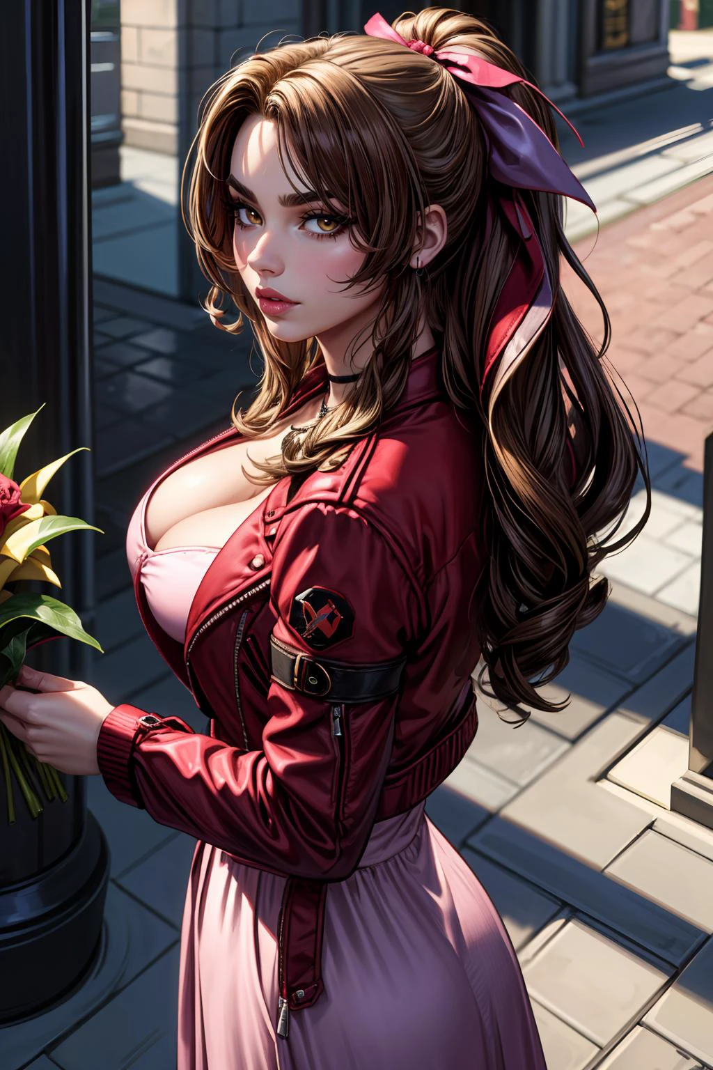 (masterpiece, 8k, 4k, extremely detailed, dynamic shading, best quality, absurdres:1.4) 1girl, nice hands, perfect hands, milf, sexy, (huge tits:1.1) <lora:more_details:0.8> <lora:aerith-nvwls-v1:0.8>choker, (cropped red jacket over pink dress:1.3), hair bow, bracelet, pink dress, brown boots, huge tits, cleavage, breasts squeezed together, aerith gainsborough, (close-up facial portrait bust:1.4), from above, futuristic city street, holding flowers