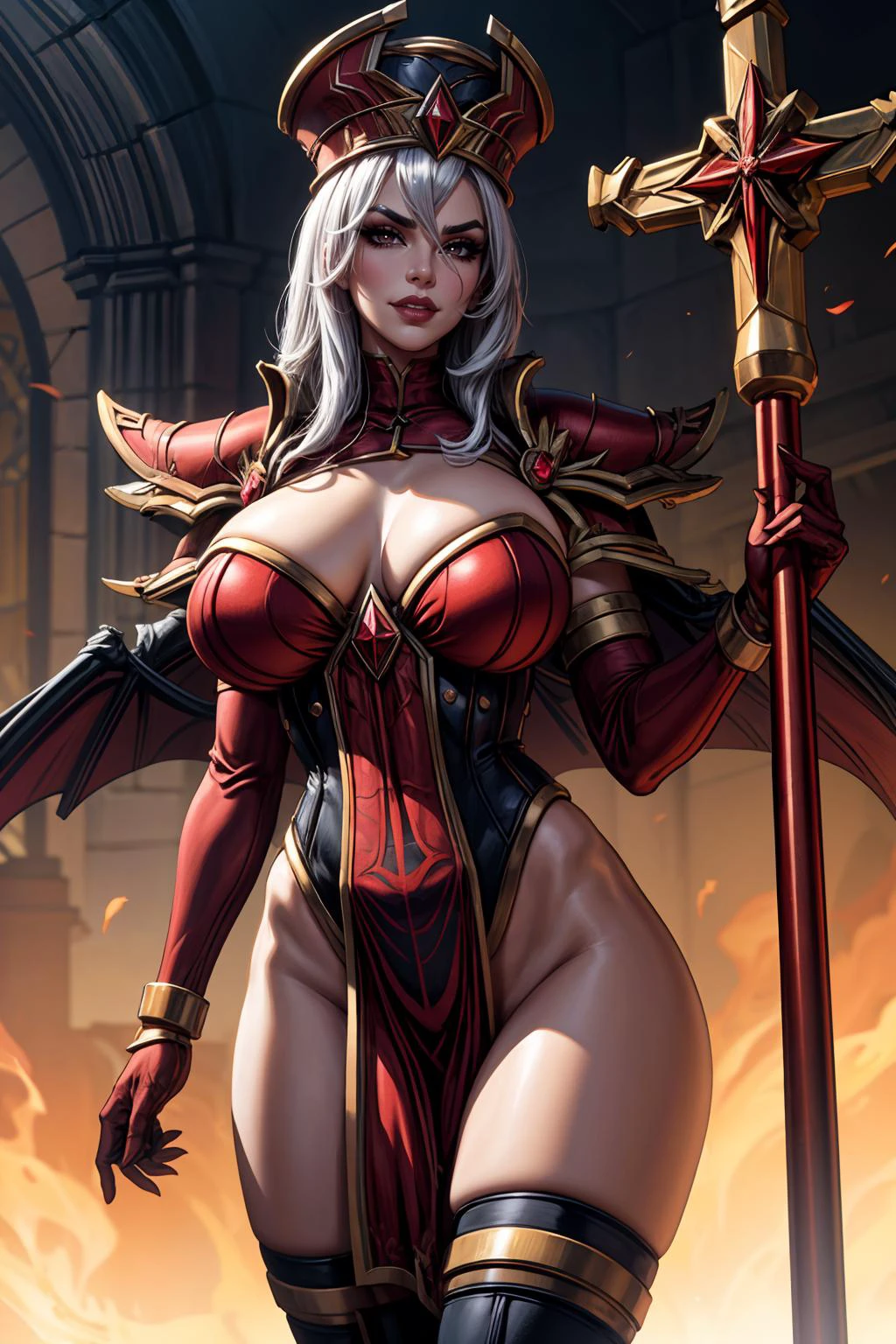 (masterpiece, 8k, 4k, extremely detailed, dynamic shading, best quality, absurdres:1.1) nice hands, perfect hands, sexy, mature, milf, 1girl,(large breasts:1.3)<lora:more_details:1> <lora:sallywhitemane-wow-richy-v1:1> sallywhitemane, mascara, hat, shoulder armor, pauldrons, cape, knee boots, pelvic curtain and no panties, wide hips, thighs, standing in a wide stance, evil cathedral, red and black, braziers, fire, holding magic staff, crucifix staff,