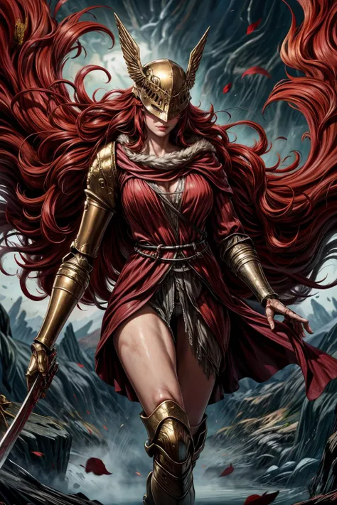 (masterpiece, 8k, 4k, extremely detailed, dynamic shading, best quality, absurdres:1.1) nice hands, perfect hands, sexy, mature, milf, 1girl,(large breasts:1.3)<lora:more_details:1><lora:MaleniaMv3:1> malenia blade of miquella, very long red hair, helmet over eyes, red coat, gold arm, flowing robes, sandals, holding long katana, gold greaves, wings, floating in the sky with wings spread, rotting skin, scarlet rot, poisonous red clouds