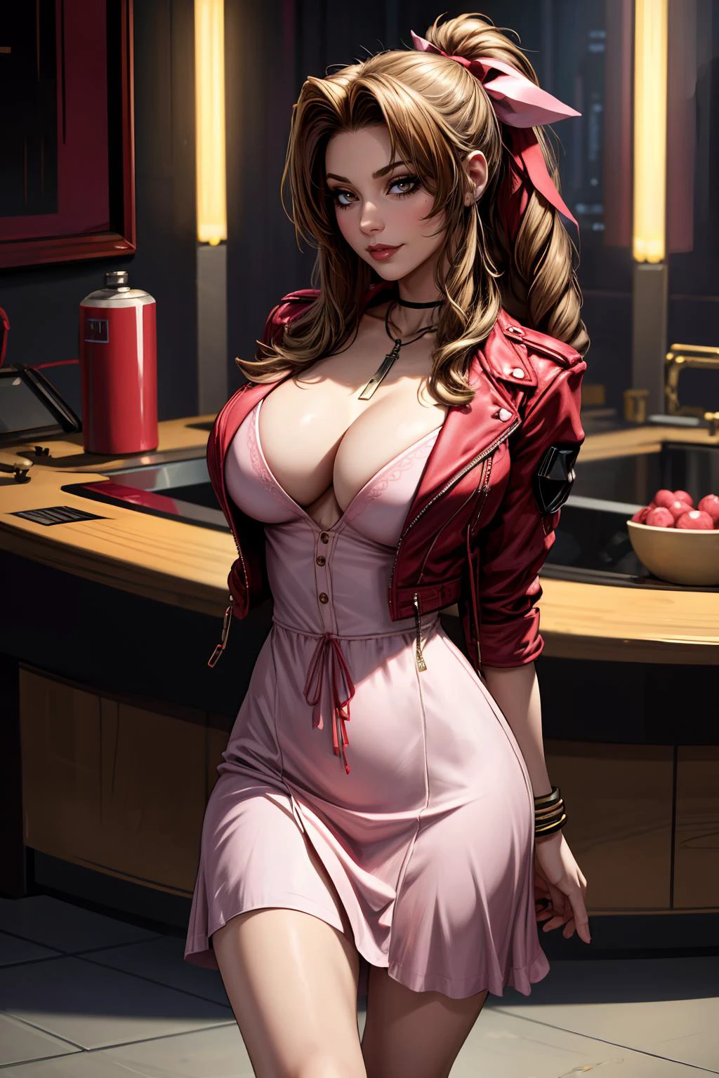(masterpiece, 8k, 4k, extremely detailed, dynamic shading, best quality, absurdres:1.4) 1girl, nice hands, perfect hands, milf, sexy, (huge tits:1.1) <lora:more_details:0.8> <lora:aerith-nvwls-v1-final:0.8>choker, (cropped red jacket over pink dress:1.3), hair bow, bracelet, pink dress, brown boots, huge tits, cleavage, dark eyeshadow, thick eyeliner, eyelashes, naughty, smirk, sly, lustful, seductive, aerith gainsborough, in a dark futuristic cyberpunk city,