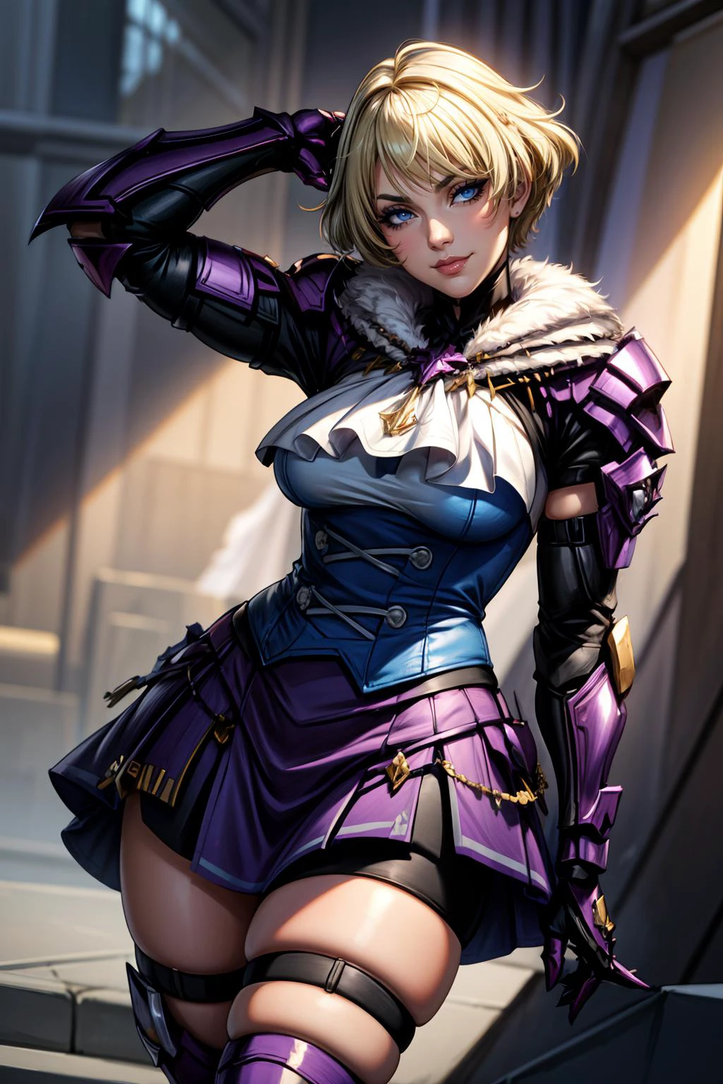 (masterpiece, 8k, 4k, extremely detailed, dynamic shading, best quality, absurdres:1.4) 1girl, nice hands, perfect hands, milf, sexy, (large breasts:1.1) <lora:more_details:1><lora:EPfeMerrin-07:1> EPfeMerrin, blonde hair, short hair, ahoge, armor, ascot, blonde hair, blue eyes, blue shirt, fur trim, purple skirt, shirt, short hair, simple background, skirt, smile, solo, thigh strap