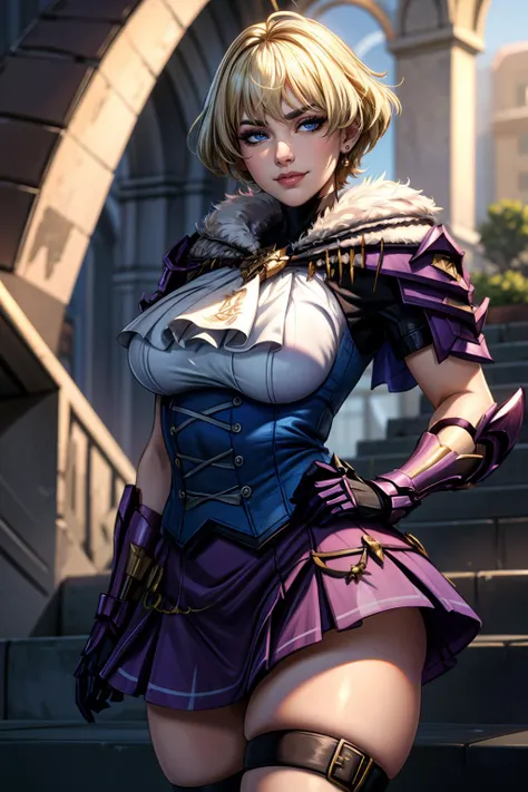 (masterpiece, 8k, 4k, extremely detailed, dynamic shading, best quality, absurdres:1.4) 1girl, nice hands, perfect hands, milf, sexy, (large breasts:1.1) <lora:more_details:1><lora:EPfeMerrin-07:1> EPfeMerrin, blonde hair, short hair, ahoge, armor, ascot, blonde hair, blue eyes, blue shirt, fur trim, purple skirt, shirt, short hair, simple background, skirt, smile, solo, thigh strap