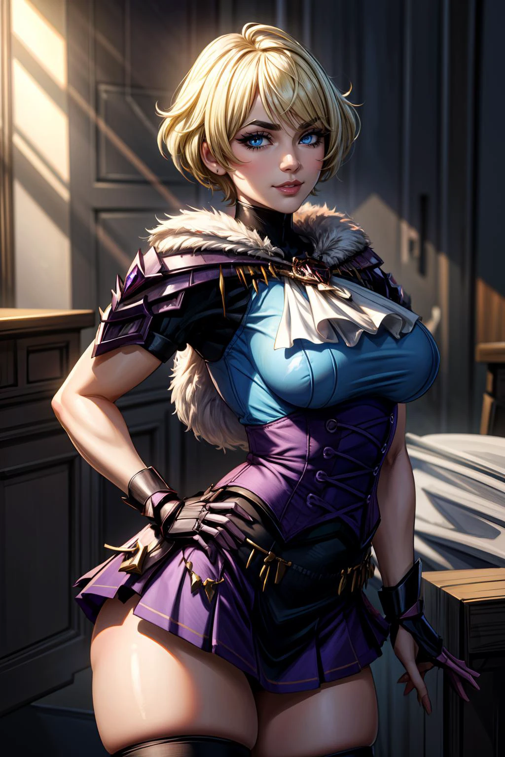 (masterpiece, 8k, 4k, extremely detailed, dynamic shading, best quality, absurdres:1.4) 1girl, nice hands, perfect hands, milf, sexy, (large breasts:1.1) <lora:more_details:1><lora:EPfeMerrin-07:1> EPfeMerrin, blonde hair, short hair, ahoge, armor, ascot, blonde hair, blue eyes, blue shirt, fur trim, purple skirt, shirt, short hair, simple background, skirt, smile, solo, thigh strap