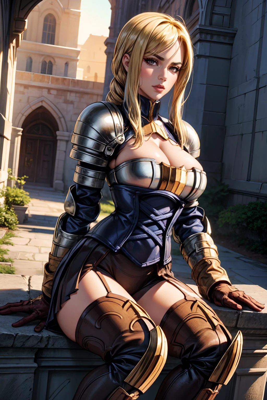 (masterpiece, 8k, 4k, extremely detailed, dynamic shading, best quality, absurdres:1.4) 1girl, nice hands, perfect hands, milf, mature, sexy, (large breasts:1.1) <lora:more_details:0.7> <lora:agrias-nvwls-v1-final:1> full body, standing proud, armor, blonde hair, blue dress, (long heavy cloak:1), blue leotard under armor, brown leather and armor gloves, cross-laced boots, agrias, laced armor bustier, gauntlets, leather gloves, pauldrons, laced corset, short pleated skirt, blue stockings under armored thighboots, in a castle courtyard,