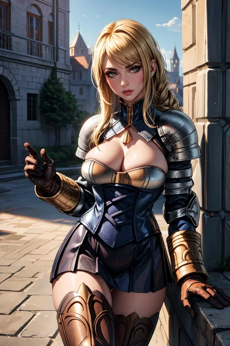 (masterpiece, 8k, 4k, extremely detailed, dynamic shading, best quality, absurdres:1.4) 1girl, nice hands, perfect hands, milf, mature, sexy, (large breasts:1.1) <lora:more_details:0.7>  <lora:agrias-nvwls-v1-final:1> full body, standing proud, armor, blonde hair, blue dress, (long heavy cloak:1), blue leotard under armor, brown leather and armor gloves, cross-laced boots, agrias, laced armor bustier, gauntlets, leather gloves, pauldrons, laced corset, short pleated skirt, blue stockings under armored thighboots, in a castle courtyard,