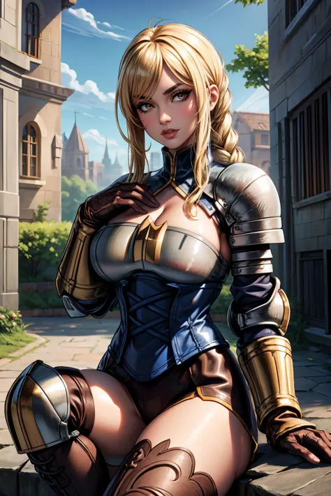 Warrior blonde, armor, medieval fantasy, D&d, RPG, ultra realistic, ultra detailed, best quality, 8k, wallpaper, steel breastplate, steel boots, steel gauntlets, steel gloves, front, sitting, legs open, with hand in panties, skirt lifted, blue skirt, tiny panties, tight panties, white panties, open crotch, panty view, upskirt, thong, cameltoe,  pantyshot, RAW,