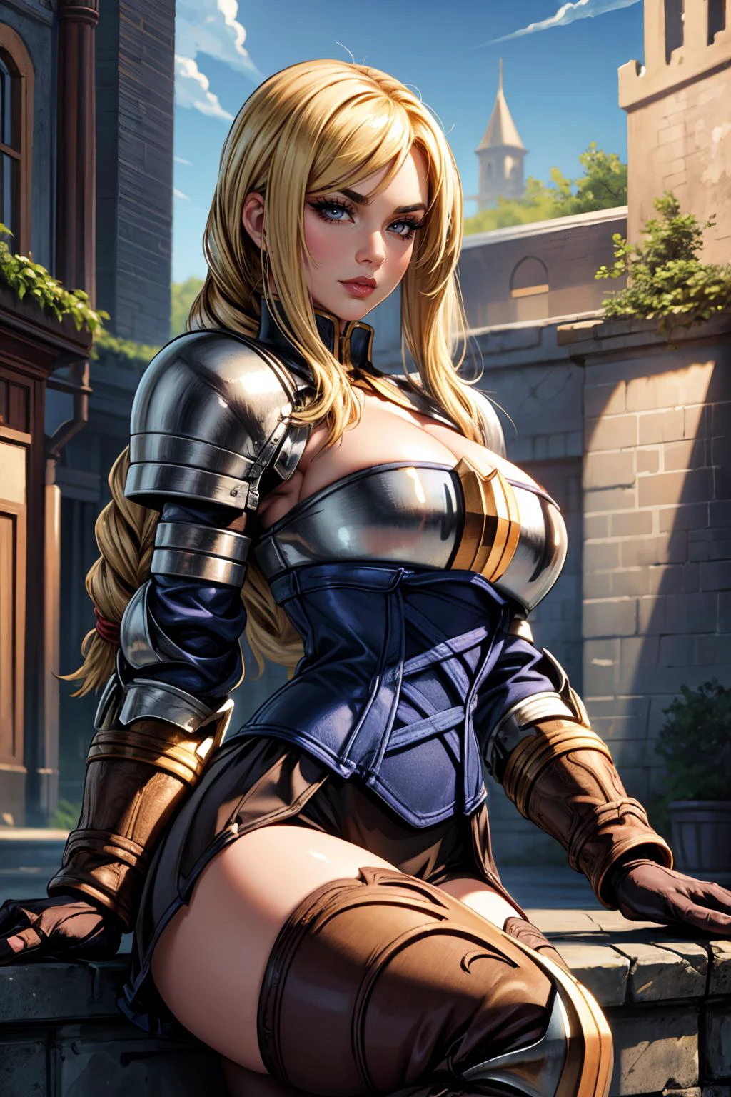 (masterpiece, 8k, 4k, extremely detailed, dynamic shading, best quality, absurdres:1.4) 1girl, nice hands, perfect hands, milf, mature, sexy, (large breasts:1.1) <lora:more_details:0.7> <lora:agrias-nvwls-v1-final:1> full body, standing proud, armor, blonde hair, blue dress, (long heavy cloak:1), blue leotard under armor, brown leather and armor gloves, cross-laced boots, agrias, laced armor bustier, gauntlets, leather gloves, pauldrons, laced corset, short pleated skirt, blue stockings under armored thighboots, in a castle courtyard,