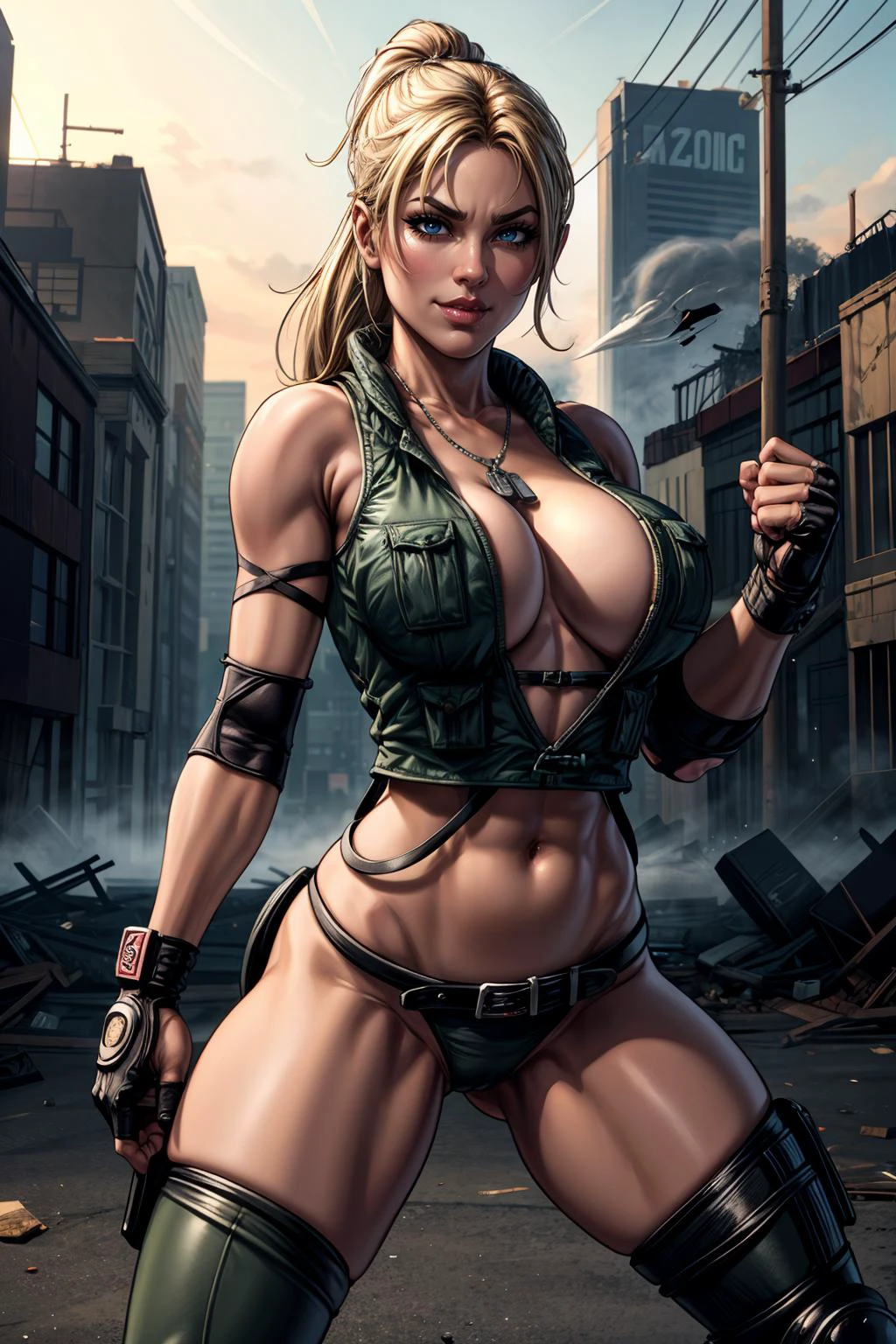 (masterpiece, 8k, 4k, extremely detailed, dynamic shading, best quality, absurdres:1.4) 1girl, nice hands, perfect hands, milf, mature, sexy, (huge tits:1.2) <lora:more_details:0.9> open clothes, sonyablade, blonde hair, ponytail, blue eyes, open vest, dog tags, fingerless gloves, utility belt, high waisted thong, army green panties, knee pads, boots, looking at viewer, seductive smile, boxing stance, punching, fist extended toward viewer, destroyed city , city rubble, piles of debris, smoke, <lora:SonyaBladeMK9:0.7>