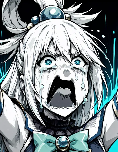 score_9, score_8_up, score_7_up,  <lora:Messy Sketch Style:1>,  aqua \(konosuba\), <lora:concept_aquascreaming_ponyXL:1> crying with eyes open, screaming limited pallet, blue theme, blue neon background, blue glow, monochrome, black background