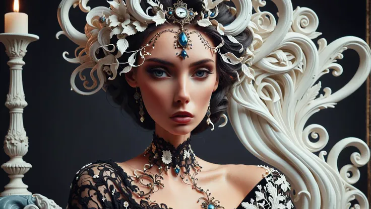 Photograph of Moody gothic boudoir The image features a ((sculpture of a head)), which appears to be a bust of a person. The head is covered in a complex and intricate design, resembling a machine or a clock. The sculpture is made of white plastic, giving it a unique and artistic appearance. The head is positioned in the center of the image, drawing attention to its intricate details and craftsmanship. Black lace, candelabra, velvet chaise, romantic and haunting, captured on a (Hasselblad X1D II 50C)