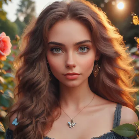 RAW photo, close up portrait of a woman 20 yo, long wavy brown hair, sadistic smile, grey eyes, glint eyes:0.3, casual dressed, butterflies, at the rose garden, early morning, (high detailed skin:1.2), 8k uhd, dslr, soft lighting, high quality, film grain, Fujifilm XT3