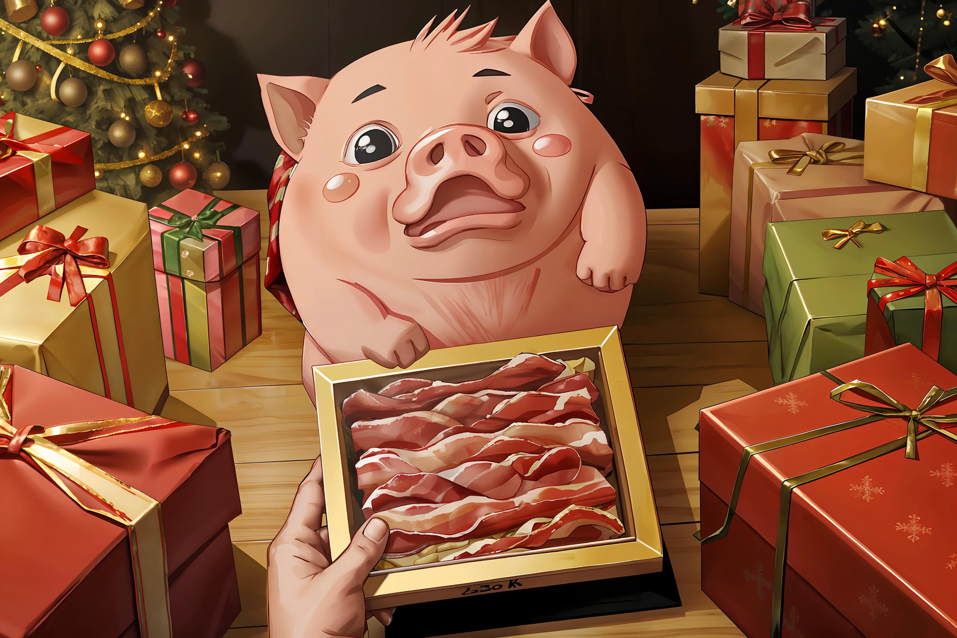 shocked disgusted pig looking at a gift box full of bacon with a christmas tree and presents in the background, 8k, best quality, masterpiece <lora:christmas_slider_v1:0.5>