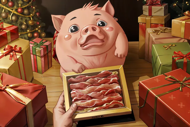 shocked disgusted pig looking at a gift box full of bacon with a christmas tree and presents in the background, 8k, best quality, masterpiece  <lora:christmas_slider_v1:0.5>