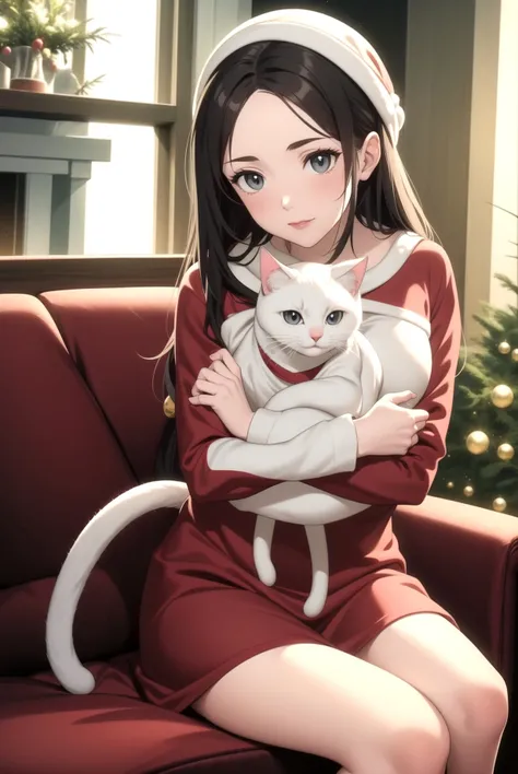 (best quality, masterpiece:1.15),1girl, hugging cat, sitting on sofa, cosy, <lora:christmas_slider_v1:2>