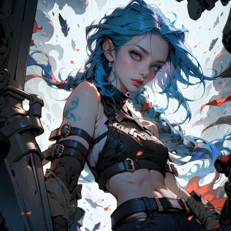 jinxLol, character name, solo, 1girl, high resolution, super resolution, mature female,, beautiful face and eyes, super fine illustration, an extremely cute and beautiful girl, highly detailed beautiful face and eyes, look at viewer, beautiful hair, solo, dynamic angle,, provocation, full body, looking at viewer, navel, gloves, fingerless gloves, midriff, bare shoulders, looking at viewer, crop top, beautiful blue hair, purple pants, stripe pants, crop pants, belt, stand on rubble,
<lora:jinxLeagueOfLegends_v10:1> <lora:NijiV3Fantasy:0.5> <lora:OC illustration:0.5>