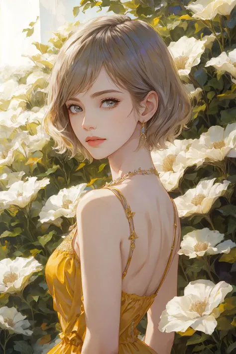 1girl, ooking at viewer, upper body, (masterpiece:1.2, best quality) <lora:AsheLORA:1>, Ashelia, Ashelia, short hair,yellow dress, jewelry