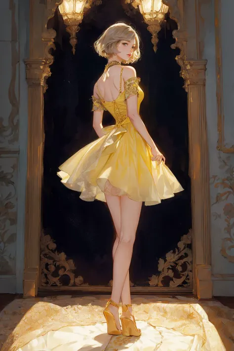 1girl, ooking at viewer, full body, (masterpiece:1.2, best quality) <lora:AsheLORA:1>, Ashelia, Ashelia, short hair,yellow dress, jewelry,light from behind, slim